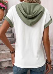Sage Green tops,Contrast Color tops,ROTITA Curved Hem Sage Green Hooded Short Sleeve T Shirt