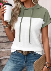 Sage Green tops,Contrast Color tops,ROTITA Curved Hem Sage Green Hooded Short Sleeve T Shirt