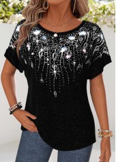 ROTITA Curved Hem Geometric Print Black Round Neck T Shirt