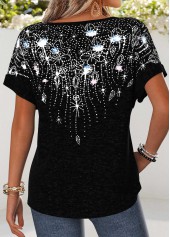 Black tops,Geometric tops,ROTITA Curved Hem Geometric Print Black Round Neck T Shirt