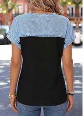 Black tops,Contrast Color tops,ROTITA Patchwork Black Split Neck Short Sleeve Blouse