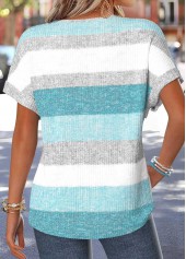 Mint Green tops,Striped tops,Geometric tops,ROTITA Tummy Coverage Striped Mint Green Split Neck T Shirt