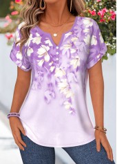 ROTITA Tummy Coverage Floral Print Light Purple Split Neck Blouse