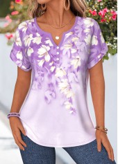 Light Purple tops,Floral tops,Plants tops,ROTITA Tummy Coverage Floral Print Light Purple Split Neck Blouse