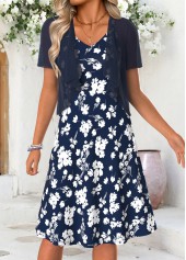 ROTITA Navy Floral Print Tummy Coverage V Neck Dress