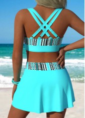 Cyan swimwear,Geometric swimwear,ROTITA Cyan Front Slit Hem Geometric Print Bikini Set