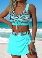 Cyan swimwear,Geometric swimwear,ROTITA Cyan Front Slit Hem Geometric Print Bikini Set