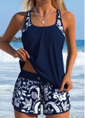 ROTITA Navy Pocket Random Floral Print Mid Waisted Tankini Set