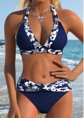 Rotita Bikini-Set mit marineblauem Patchwork-Blumenmuster und mittelhohem Bund