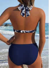 Navy swimwear,Floral swimwear,Plants swimwear,ROTITA Navy Patchwork Floral Print Mid Waisted Bikini Set