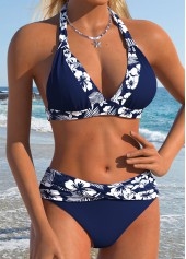 Navy swimwear,Floral swimwear,Plants swimwear,ROTITA Navy Patchwork Floral Print Mid Waisted Bikini Set
