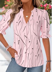 Rotita Bluse mit gerafftem geometrischem Muster hellrosa V-Ausschnitt