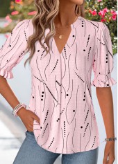 Light Pink tops,Geometric tops,ROTITA Shirred Geometric Print Light Pink Split Neck Blouse