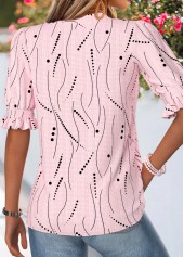 Light Pink tops,Geometric tops,ROTITA Shirred Geometric Print Light Pink Split Neck Blouse