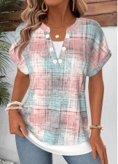 ROTITA Fake 2in1 Plaid Light Pink Split Neck T Shirt
