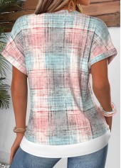 Light Pink tops,Plaid tops,Geometric tops,ROTITA Fake 2in1 Plaid Light Pink Split Neck T Shirt