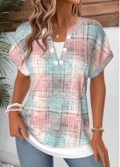 Light Pink tops,Plaid tops,Geometric tops,ROTITA Fake 2in1 Plaid Light Pink Split Neck T Shirt