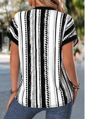Black tops,Geometric tops,ROTITA Tummy Coverage Geometric Print Black V Neck Blouse