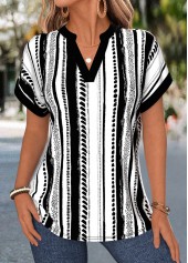 Black tops,Geometric tops,ROTITA Tummy Coverage Geometric Print Black V Neck Blouse