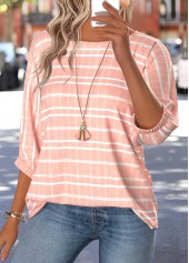 Pink tops,Striped tops,Geometric tops,ROTITA Tummy Coverage Striped Pink Round Neck 3/4 Sleeve Blouse