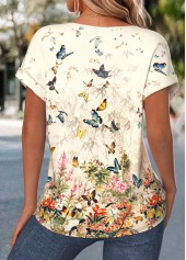 Light Yellow tops,Floral tops,Plants tops,ROTITA Lace Trim Floral Print Light Yellow Round Neck Blouse