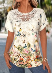 Light Yellow tops,Floral tops,Plants tops,ROTITA Lace Trim Floral Print Light Yellow Round Neck Blouse