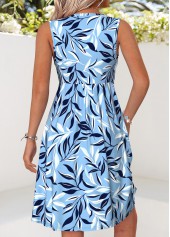 Blue dresses,Plants dresses,Vacation dresses,Vacation dresses,ROTITA Blue Leaf Print Twist Short V Neck Sleeveless Dress