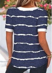 Navy tops,Striped tops,Geometric tops,ROTITA Curved Hem Striped Navy Round Neck T Shirt