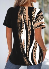Black tops,Leopard tops,Animal Print tops,ROTITA Tummy Coverage Leopard Black Round Neck T Shirt