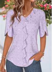 Light Purple tops,Plain Color tops,ROTITA Ruffle Light Purple V Neck Half Sleeve Blouse