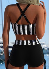 Black swimwear,Striped swimwear,Geometric swimwear,ROTITA Black Thigh Slimmer Striped Mid Waisted Bikini Set