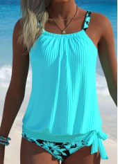 Cyan swimwear,Floral swimwear,Plants swimwear,ROTITA Cyan Bowknot Floral Print Mid Waisted Tankini Set