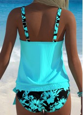 Cyan swimwear,Floral swimwear,Plants swimwear,ROTITA Cyan Bowknot Floral Print Mid Waisted Tankini Set