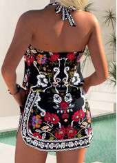Black swimwear,Tribal swimwear,ROTITA Black Fake 2in1 Tribal Print Mid Waisted Tankini Set