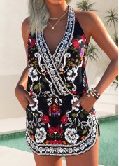 Black swimwear,Tribal swimwear,ROTITA Black Fake 2in1 Tribal Print Mid Waisted Tankini Set