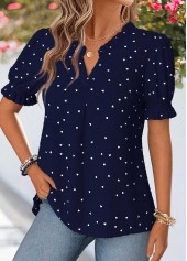 Navy tops,Geometric tops,ROTITA Curved Hem Geometric Print Navy Split Neck Blouse