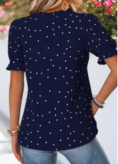 Navy tops,Geometric tops,ROTITA Curved Hem Geometric Print Navy Split Neck Blouse