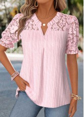 Blouse rose patchwork rotita à col fendu et manches courtes