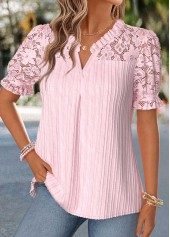 Pink tops,Plain Color tops,ROTITA Patchwork Pink Split Neck Short Sleeve Blouse