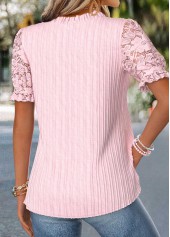 Pink tops,Plain Color tops,ROTITA Patchwork Pink Split Neck Short Sleeve Blouse