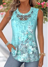 ROTITA Patchwork Random Floral Print Mint Green Sleeveless Tank Top