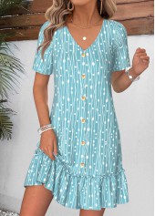 Robe courte froncée à col en V imprimée géométrique cyan Rotita