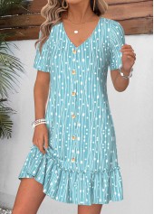 Cyan dresses,Geometric dresses,Everyday dresses,Casual dresses,ROTITA Cyan Geometric Print Shirred Short V Neck Dress