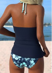 Navy swimwear,Floral swimwear,Plants swimwear,ROTITA Navy Tummy Coverage Floral Print Mid Waisted Tankini Set