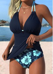 Navy swimwear,Floral swimwear,Plants swimwear,ROTITA Navy Tummy Coverage Floral Print Mid Waisted Tankini Set