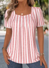 ROTITA Pleated Striped Pink Square Neck Short Sleeve T Shirt