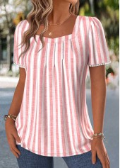 Pink tops,Striped tops,Geometric tops,ROTITA Pleated Striped Pink Square Neck Short Sleeve T Shirt