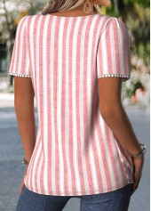 Pink tops,Striped tops,Geometric tops,ROTITA Pleated Striped Pink Square Neck Short Sleeve T Shirt