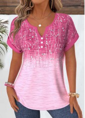 ROTITA Tummy Coverage Ombre Pink Split Neck Short Sleeve Blouse