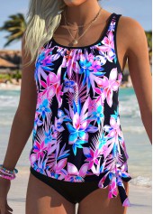 Multi Color swimwear,Plants swimwear,ROTITA Multi Color Blouson Tropical Plants Print Tankini Top